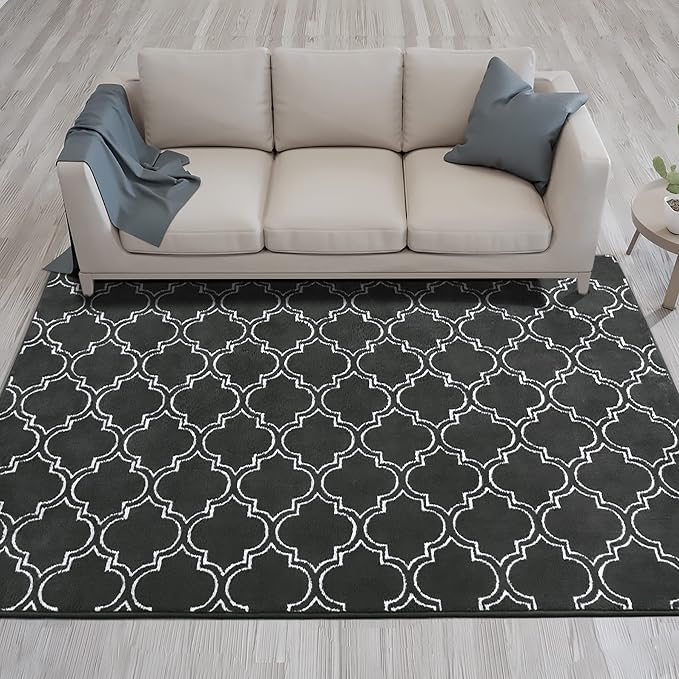 Chicrug 6x9 Shag Geometric Modern Area Rug for Bedroom Living Room | Memory Foam Indoor Carpet, Fluffy Rug for Bedside Room for Family Girls Kids Play Mat, Dark Grey and White