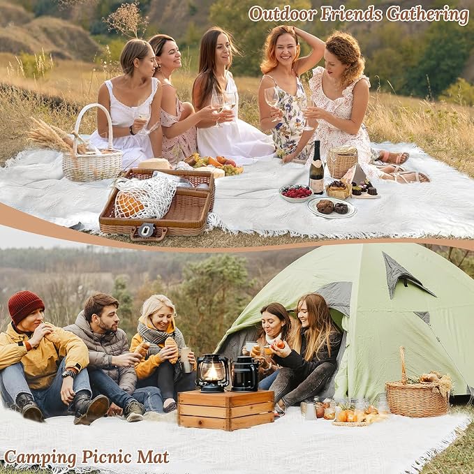 110 x 91 Extra Large White Outdoor Picnic Blanket, Thin Woven Cotton Yarn Oversize Portable Blanket with Fringe for Camping, Lawn or Wedding Photoshoot. Indoor Bohemia Decorations, Machine Washable