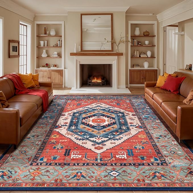 SERISSA 9x12 Washable Non Slip Boho Area Rug for Living Room，Rust | Ultra Soft Vintage Oriental Carpet Low-Pile Distressed Tribal Throw Carpet for Dining Room Bedroom Dorm Office Home Decor