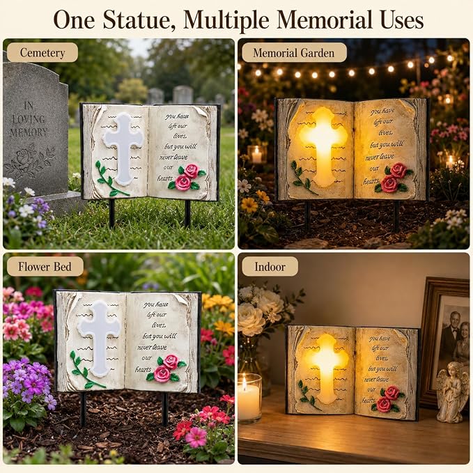 Candieslife Outdoor Solar Memorial Cross Stakes Lights, Waterproof Book Statue Grave Decorations Sympathy Gifts for Cemetery Garden Lawn Yard Patio Home Decor