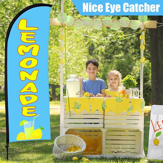 Buryeah Lemonade Feather Flag for Business Advertising 7x5.4ft Feather Flag Sign with Flagpole Ground Stake Portable Bag Lemonade Themed Banner with Rope for Outside Garden Business Party (Mint Blue)