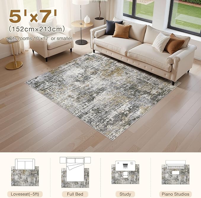 kakania Abstract 5x7 Area Rugs for Living Room: Washable Rugs Black Gold | Soft, Non-Slip, Low-Pile, Pet & Kid Friendly - Modern Home Decor Carpet for Bedroom/Dining Room/Office/Nursery