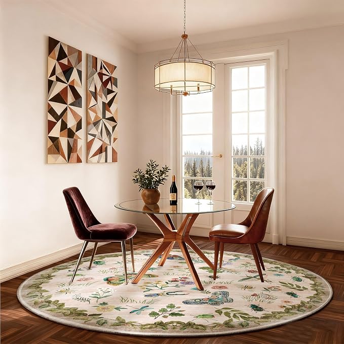 Washable Round Rugs for Bedroom 4ft: Living Room Rug Stain Resistant Non Slip Low Pile Ultra Soft Faux Wool Small Circle Rugs for Kitchen Entryway Bathroom Nursery Dorm Home Office Entrance Indoor