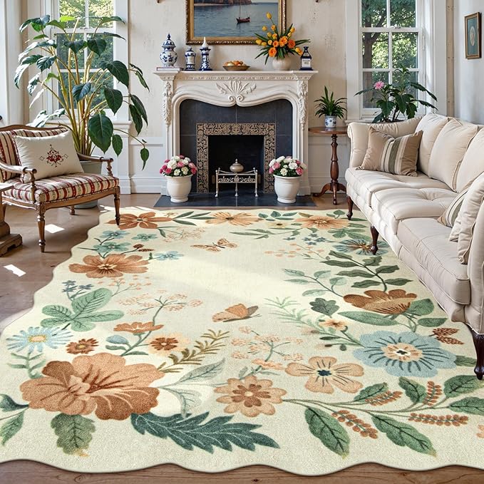 Lahome Floral 9x12 Area Rugs for Living Room, Soft Washable Bedroom Rugs | Stain Resistant Ultra-Thin Non-Slip Boho Dining Room Rug Accent Carpet for Office Flore (9x12ft, Beige)