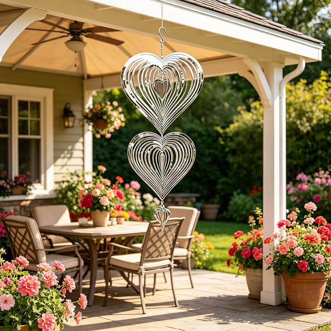 Heart-Shaped 3-Tier 3D Stainless Steel Reflective Hanging Wind Spinners | Outdoor garden yard patio decor, bird deterrent, romantic metal art gift for mom women