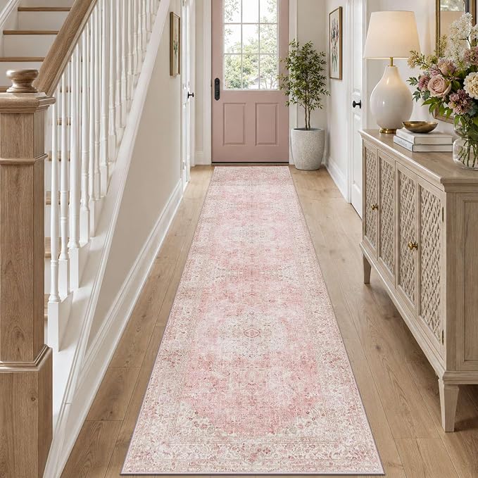Latte&Fog Hallway Runner Rug 2x10 Non Slip Washable Pink Rugs for Kitchen | Low Pile Soft Cute Throw Rug Doormat for Entrance Bathroom Laundry Bedside Bedroom Nursery Playroom Hallyway Dorm Office