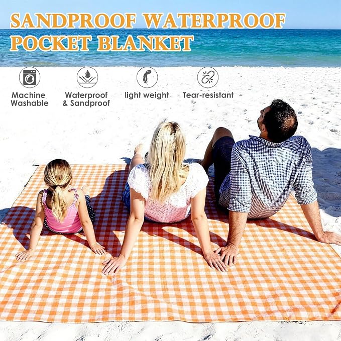 Fammart Pocket Picnic Blanket Sandproof Waterproof, Portable Lightweight Camping Tarp, Quick Dry Foldable Compact Beach Mat with Corner Pockets & Stakes for Festivals Hiking Outdoor Essentials