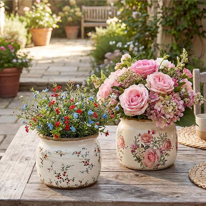 2 Pcs Vintage Planter Ceramic Plants Pot with Drainage Ice Crack Scroll Flower Vase Pot for Indoor Outdoor Plants Home Kitchen Decor Gifts(Farmhouse Rose,5.9")
