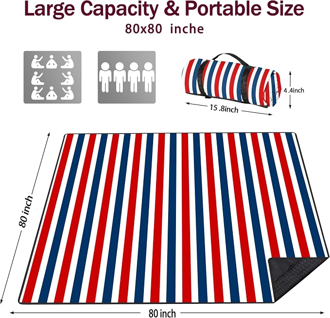 Picnic Blankets Beach Blanket 80" X 80" Extra Large Waterproof Camping Blankets Portable Outdoor Mat 3-Layer Blanket for Beach, Hiking, Park, Music Festival, Grass Lawn,Travel