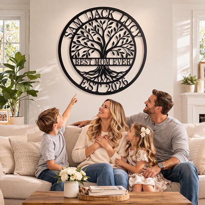 Personalized Tree of Life Metal Sign for Mom, Custom Family Name Wall Art with Established Year, Best Mom Ever Decor, Mother’s Day Gift for Mom Grandma, Farmhouse Outdoor Porch Wall Decor