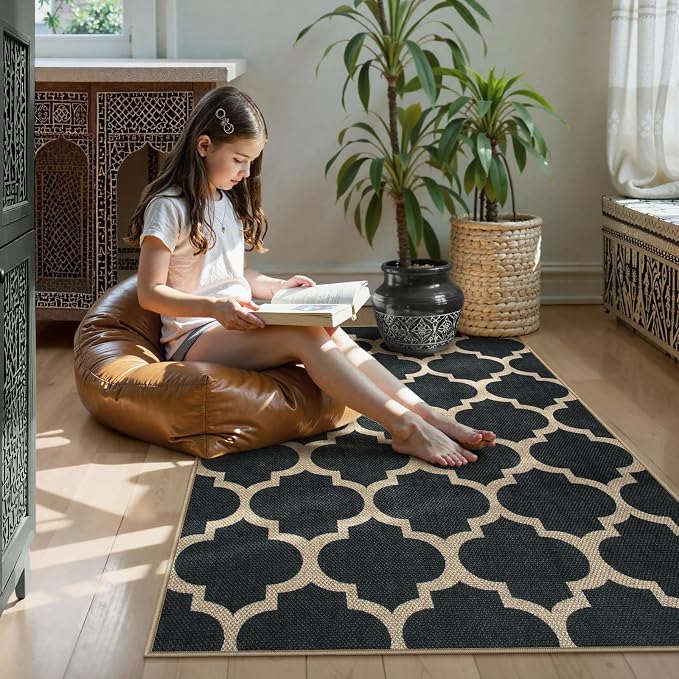Lahome Moroccan 3x5 Outdoor Rug, Easy Jute Black Washable Rug for Entryway Front Porch, Geometric Trellis Woven Non Slip Door Mat for Entrance, Thin Non Shedding Farmhouse Throw Rugs for Balcony