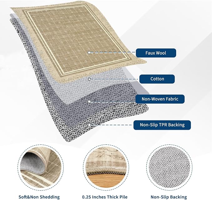 Garvee Washable Rugs for Living Room 8x10 Area Rugs Scalloped Rug Camel | Modern Bordered Non Slip Large Kids Bedroom Carpet Indoor Stain Resistant Floor Cover for Bedroom Dining Room Office Nursery
