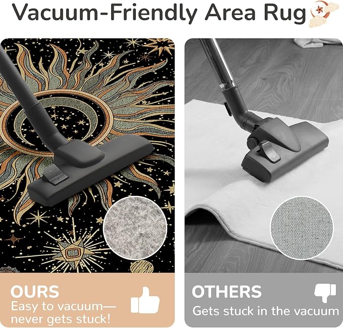 Vacuum-Friendly, 2x8 Washable Area Rug, Black Green Beige | Sun and Moon Boho Gothic Non-Slip Low Pile Living Roon Bedroom Dining Room Kitchen Entry Entryway Entrance Hallway Doormat