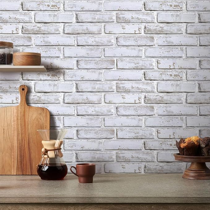 COMSTICKC 3D Whitewash Brick Wall Panel Peel and Stick, 12 pcs of 22.8" x 11.8", DIY UrltraLight PVC Self Adhesive Fake Brick Backsplash Interior Decor,Paintable,Covers 22.48 sq.ft