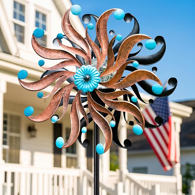 Solar Wind Spinner - Rustic Copper & Turquoise Kinetic Yard Art with Glass Globe - Vintage Metal Sunburst Wind Catcher Outdoor Garden Decor for Lawn, Patio, and Front Porch
