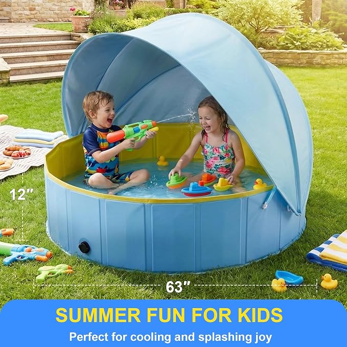 Kiddie Pool with Canopy, Large Foldable Pool Detachable UPF 50+ Sunshade | 63in Pool, Removable Sunshade, Foldable, Non Slip, Swimming Pool Beach Essentials Tent with Shade for Outdoor Backyard Beach