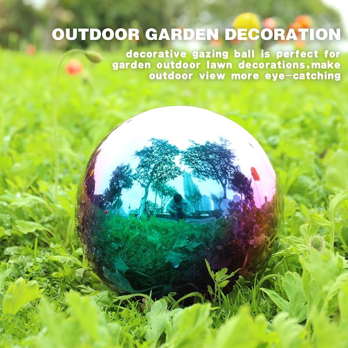 VCUTEKA Gazing Ball, 10" Stainless Steel Mirror Garden Globes Outdoor Decor | Reflective stainless steel gazing ball with rainbow mirror finish that creates striking focal point Lawn indoors or outdoors
