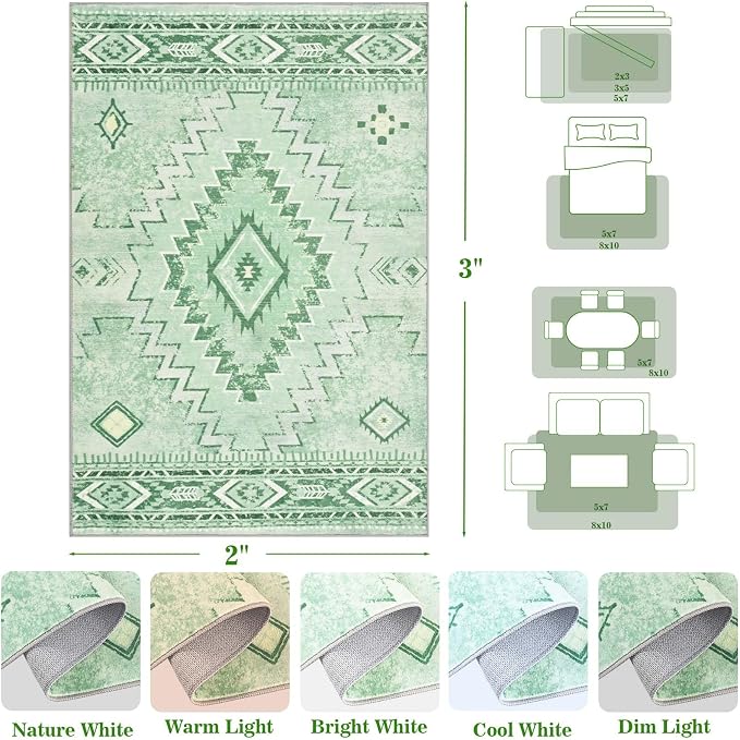 Yinhua Green 2x3 Area Rug for Entryway, Western Rugs Washable | Morrocan Small Rug Non Slip, Vintage Low Pile Indoor Carpet for Bedroom Kitchen Home Decor