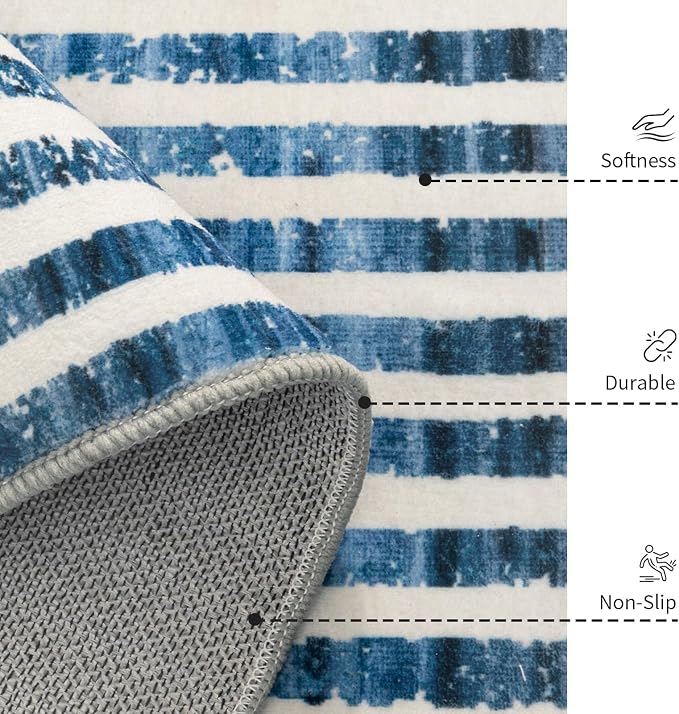 Washable 2x3 Modern Striped Area Rug, Abstract Small Throw Rug for Entryway | Beige Blue, Soft Low Pile, Skin Friendly, Non-Slip for High Traffic, Entrance Vintage Coastal Nautical Style Home Decor