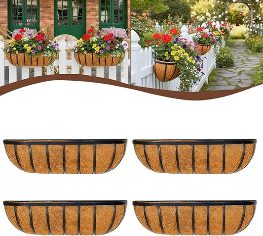 4 Pcs 24“ Railing Planter Window Box Deck Railing Planter Boxes with Coco Liner English Horse Trough Planter Metal Wall-Mounted Planters Basket for Outdoor Balcony Porch Fence Patio Rail