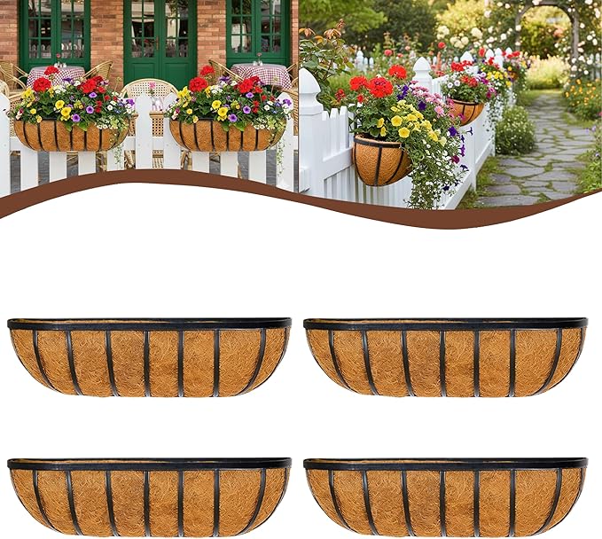 4 Pcs 16“ Railing Planter Window Box Deck Railing Planters Boxes with Coco Liner English Horse Trough Planters Metal Wall-Mounted Planter Basket for Outdoor Balcony Porch Fence Patio Rail