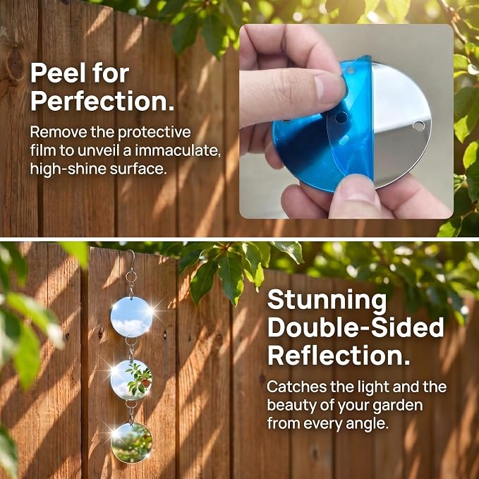 TJE Reflective Hanging Discs, Double-Sided Mirror Acrylic Decor with 360° Rotating Hook for Garden Yard Balcony Outdoor, 16.1 x 3.0 in