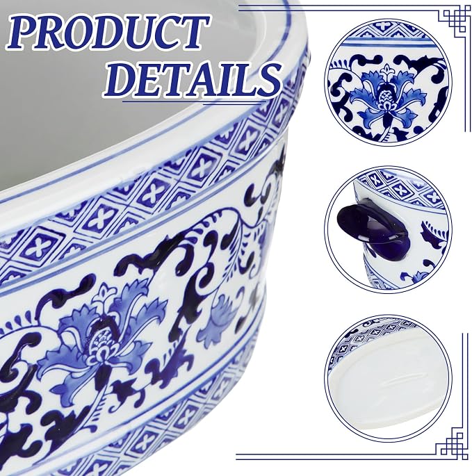 LemonRoad Blue and White Ceramic Planter Pot 14 x 7.7 x 6.1 inches Porcelain Vintage Floral Oval Cachepot Vase Chinoiserie Decor for Indoor Plants Flowers Succulents Home Living Room(Elegant Style)