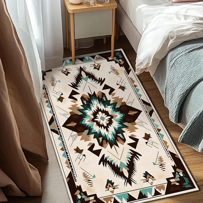 Western Area Rug for Living Room Abstract Geometric Diamond 3x5 Entryway Rug Southwestern Aztec Tribal Rugs Non Slip Low Pile Machine Washable Boho Brown Beige Floor Carpet Indoor Bedroom Dining Room