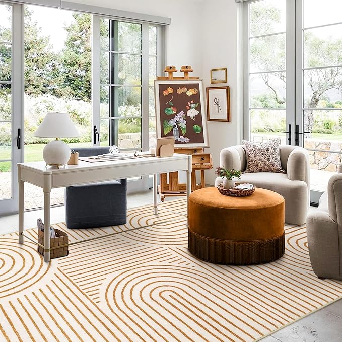 Lahome Abstract Washable Rugs 8x10, Soft 8x10 Rugs for Living Room Office | Ultra-Thin Non-Slip Bedroom Rug Large Carpet Non-Shedding Accent Rug for Office Dining Room Darrell (8x10ft, Orange)