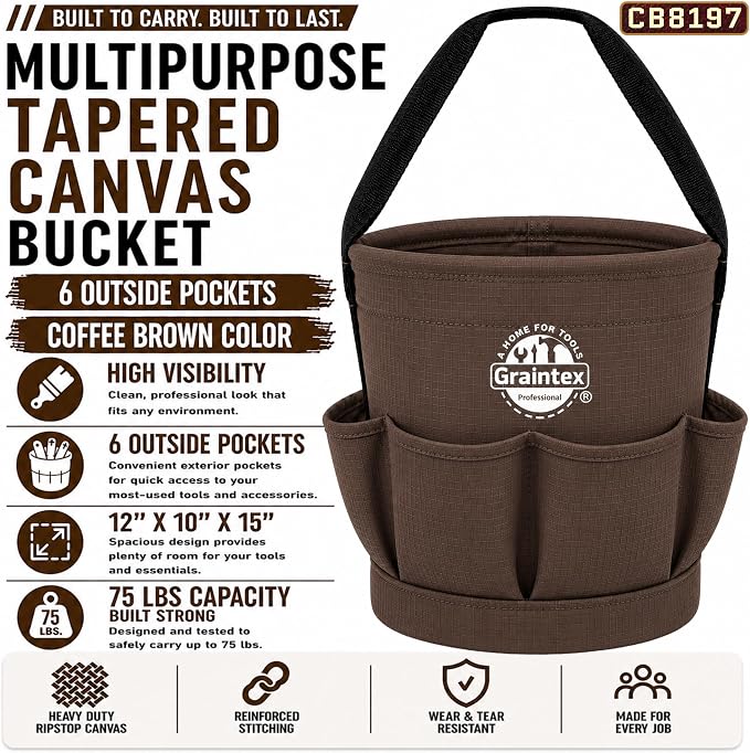 Graintex Tapered Canvas Bucket 12"x10"x15", Utility Tool Bucket 6 Pockets Outside, Reinforced Base & Carry Handle, Ripstop Canvas, Multi-Purpose Bag for Jobsite & Home Use - Coffee Brown