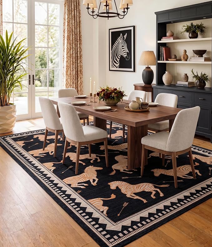 YIHOUSE Black and Gold Zebra Area Rugs 5×7, Washable Animal Print Rug with Geometric Border, Non-Slip Low Pile Mid-Century Modern Carpet for Living Room, Bedroom, Dining Room