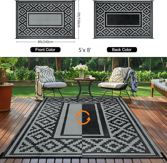 Outdoor Patio Plastic Straw Rug - 5x8 ft Outdoor Camping Rug Waterproof Reversible, Area Carpet Patios Clearance RV, Outside Porch Balcony Deck for Camper, Stripe Black Grey