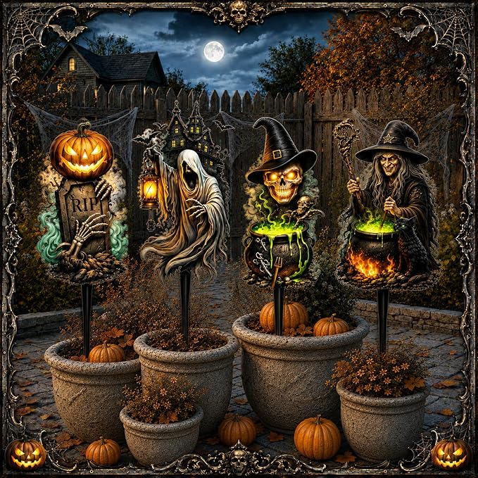 4 Pack Halloween Yard Signs 15'' Large Outdoor Halloween Decorations Metal Scary Garden Stakes Witch Skeleton Skull Pumpkin Tombstone Decorative Art Rust Proof for Outside Yard Lawn Patio