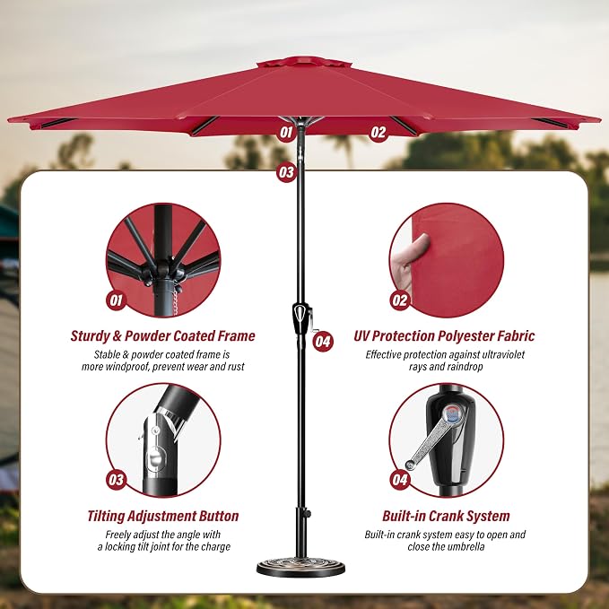 Simple Deluxe 10FT Outdoor Patio Umbrella Table Market Umbrella with Push Button Tilt and Crank, 8 Sturdy Ribs, UV Protection Waterproof for Garden, Lawn, Deck, Backyard, Pool, Red