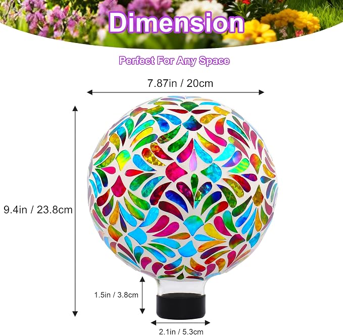 SAVENNA Mosaic Garden Gazing Ball, 8 Inch Fade-Resistant Glass Decorative Sphere for Garden, Yard & Patio, All-Season Outdoor Garden Decor Accent, Multicolor Petal Pattern