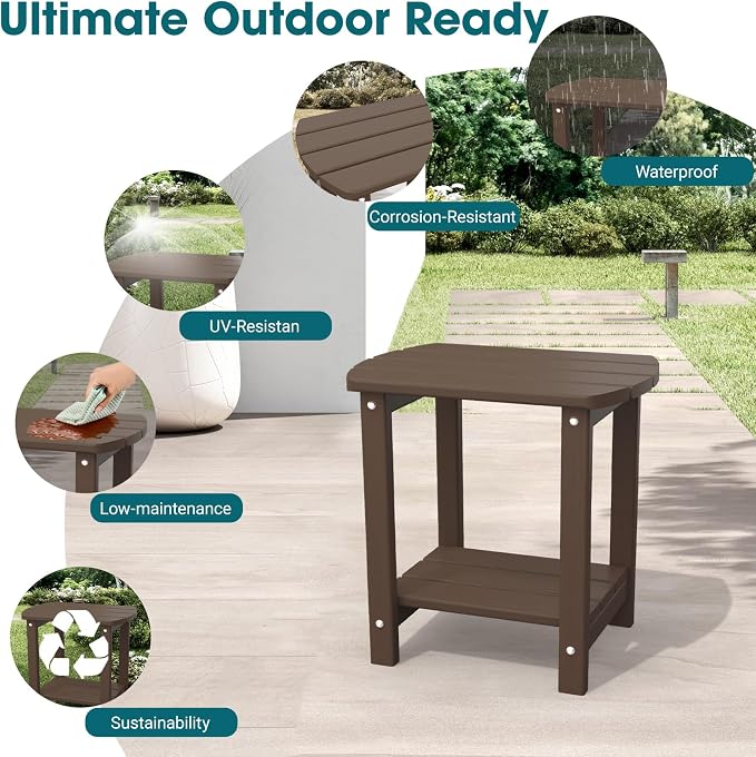 THOEOE Adirondack Outdoor Side Table, 2-Tier Sturdy Patio End Table Weather Resistant, Morden Side Table for Patio, Pool, Porch, Brown