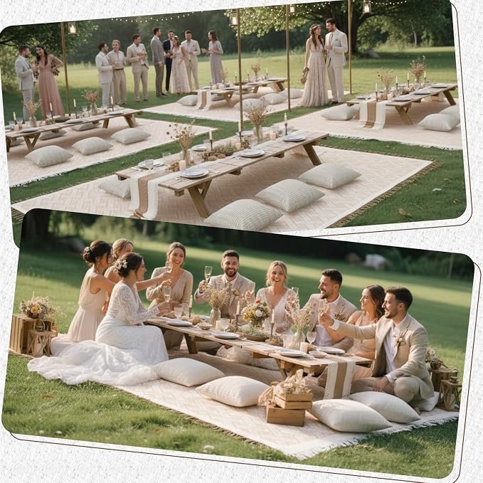 Beeveer Extra Large Outdoor Boho Picnic Blanket 150'' X 71'' Beige White Table Runner 6 Throw Pillow Cover Woven Cotton Yarn Oversize Beach Blanket Washable for Picnic Camp Wedding