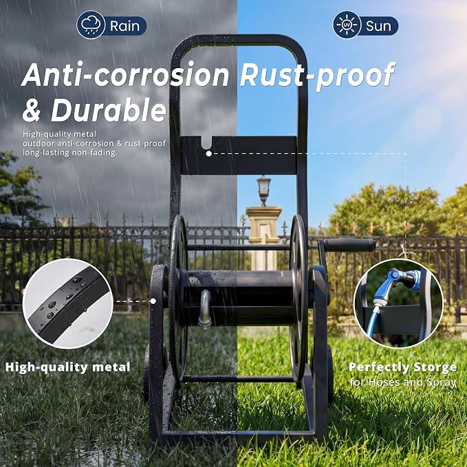 Garden Hose Reel Cart, Heavy Duty Metal Water Hose Cart with Wheels, Holds 200FT x 5/8" Hose, Leak-Proof Aluminum Water System, Anti-Burst Wheels, Ergonomic Crank, Outdoor Rust-Resistant