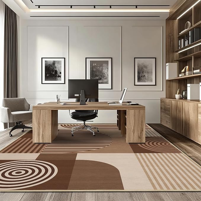 8x10 Area Rug for Living Room Brown Geometric Rug Machine Washable Minimalist Line Mid Century Modern Area Rugs Non Slip Low Pile Large Dining Room Indoor Floor Carpet for Bedroom Kitchen Office,Brown