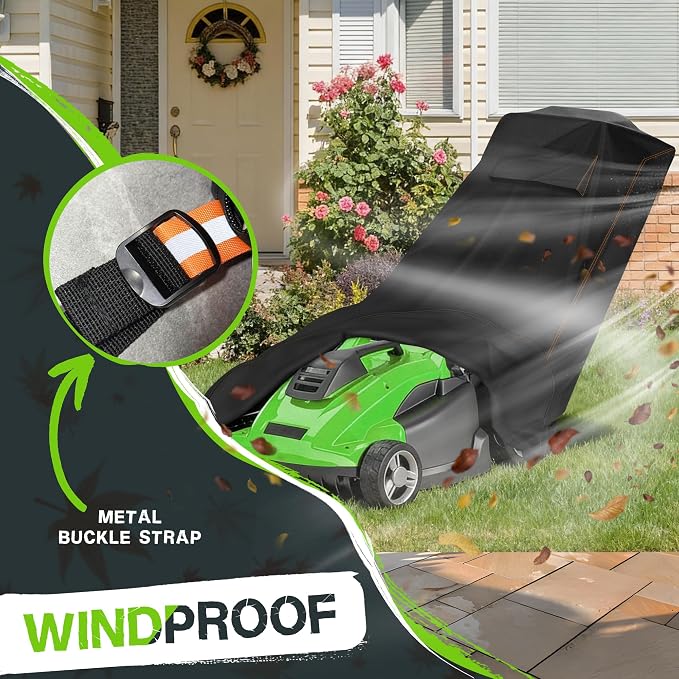 Patio Lawn Mower Covers,Anti-UV Protector Lawnmower Storage Cover with Air Vents and Elastic Straps,Outdoor Weatherproof Push Lawn Mower Cover-Black（Push-74"L x 26"W x 40"H）