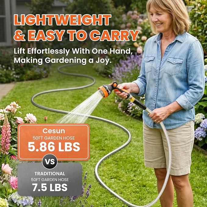 Cesun 50 ft Metal Garden Hose, Stainless Steel Heavy Duty Water Hose With 10 Function Nozzle, No Kink & Flexible, Lightweight and Durable, Rust Proof for Yard, RV, Pet Bath, Outdoor, 50 foot x 5/8"