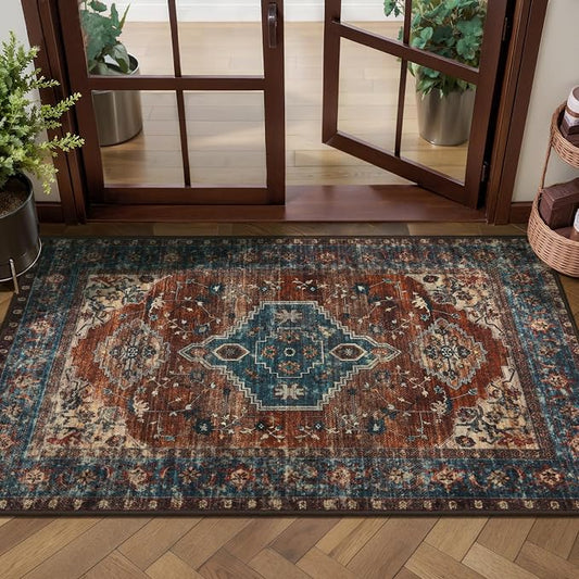 Tangsoo Vintage 2x4 Runner Washable Rugs for Entryway, Non Slip Small Rug | Oriental Indoor Front Door Print Rug, Boho Small Carpet Soft Low Pile Rugs for Entrance Entry Kitchen Bathroom Rust/Blue
