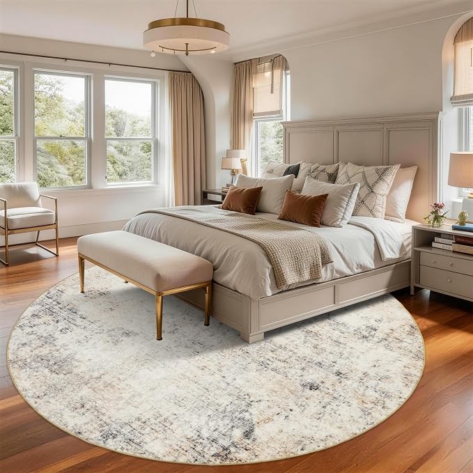 Large Round Rug 6ft: Neutral Round Area Rugs for Living Room Dining Room Bedroom - Soft Non-Slip Circle Carpet 6' - Modern Abstract Beige