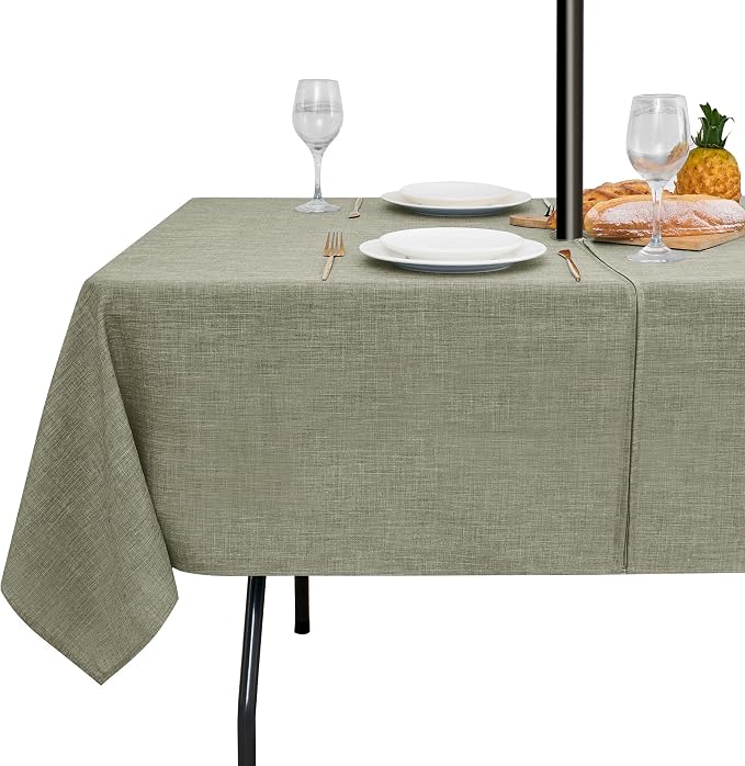 LUSHVIDA Outdoor Tablecloth with Umbrella Hole - Patio Table Cloth Zippered Rectangle 60x102 Inch, Khaki Linen-Look Polyester Table Cover Water Resistant for Picnic Outside