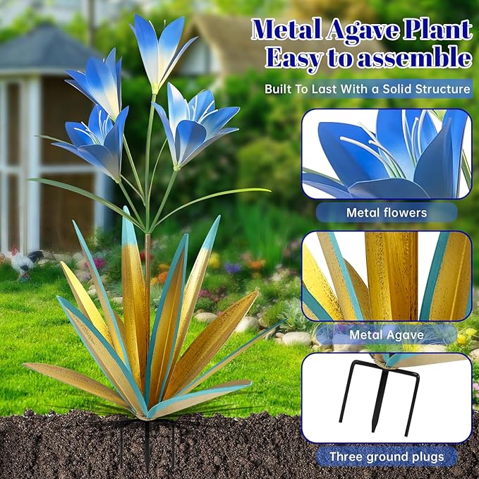 TOMBABY 32.28 Inch Metal Agave Plant Outdoor Decoration Lily Mexican Yard Art Garden Gift Home Decor Hand Painted Metal Agave Garden Yard Statue (2pc, Blue)
