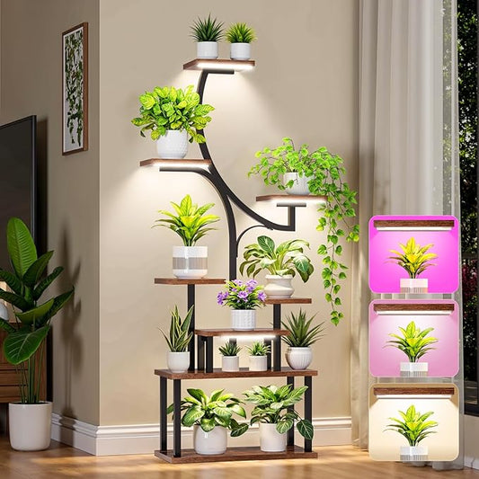 softeen Plant Stand Indoor with 4 Grow Lights & 3 Colors, 8 Tiered Corner Plant Shelf, 63" Tall Plant Stands for Indoor Plants Multiple, Metal Flower Display Shelves Holder for Home(Dark)