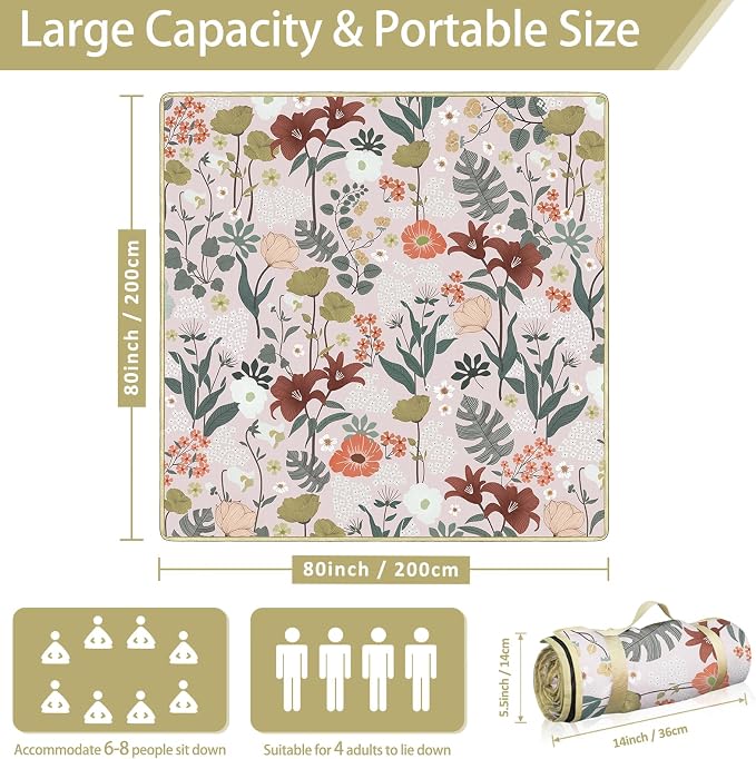 Floral Picnic Blankets Waterproof Foldable, 80″X80″ Extra Large Picnic Mat Boho Outdoor Blanket for Grass, Cute Packable Beach Blanket Sandproof Picnic Accessories for Camping Music Festival Park Lawn