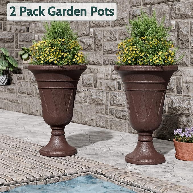 23.6" Tall Plastic Urn Planters for Outdoor Plants, Set of 2 Heavy-Duty Classic Indoor Large Flower Pots with Drainage Holes & Trophy Design, Outdoor Planters for Porch, Home Garden, Brown