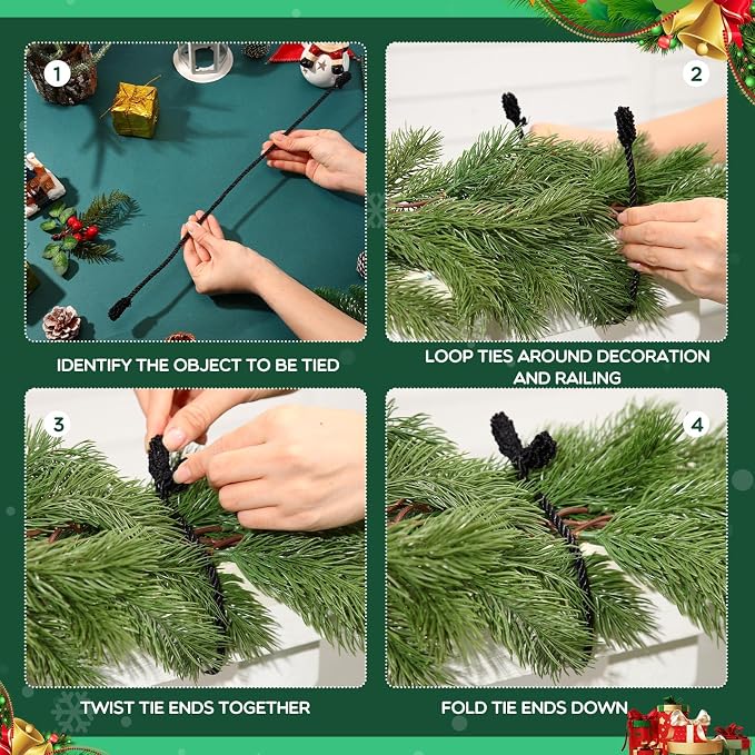 Zhengmy 24 Pcs Christmas Garland Ties Extra Long 30'' 25'' 20'' Black Decorative Twist Tie for Banister Reusable Flexible Twist Tie for Garland Stairway Railing Home Xmas Holiday Decor
