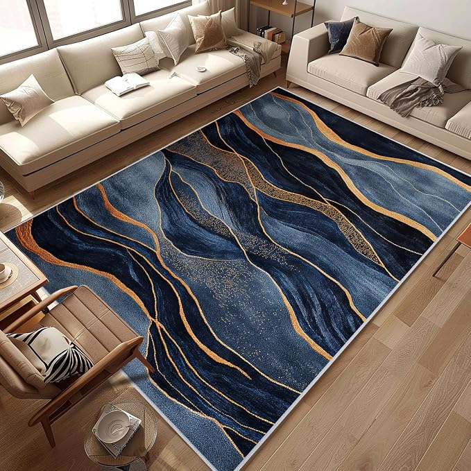 Navy Blue Area Rug Washable 5x7 Abstract Rugs for Living Room Bedroom Modern Gold Non-Slip Soft Floor Large Carpet for Office Entryway Bathroom
